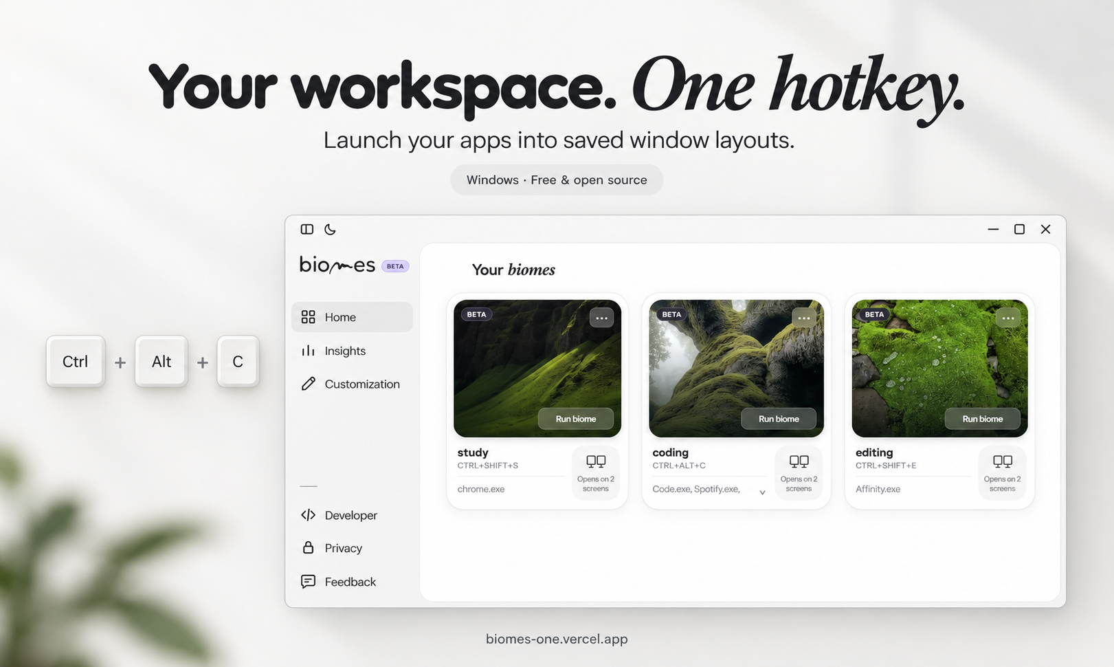 Your workspace. One hotkey. — biomes dashboard and saved workspaces