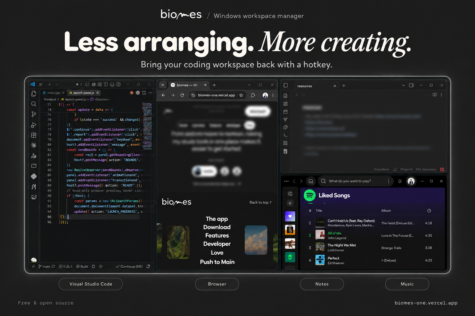 Less arranging. More creating. — a coding workspace with editor, browser, notes, and music