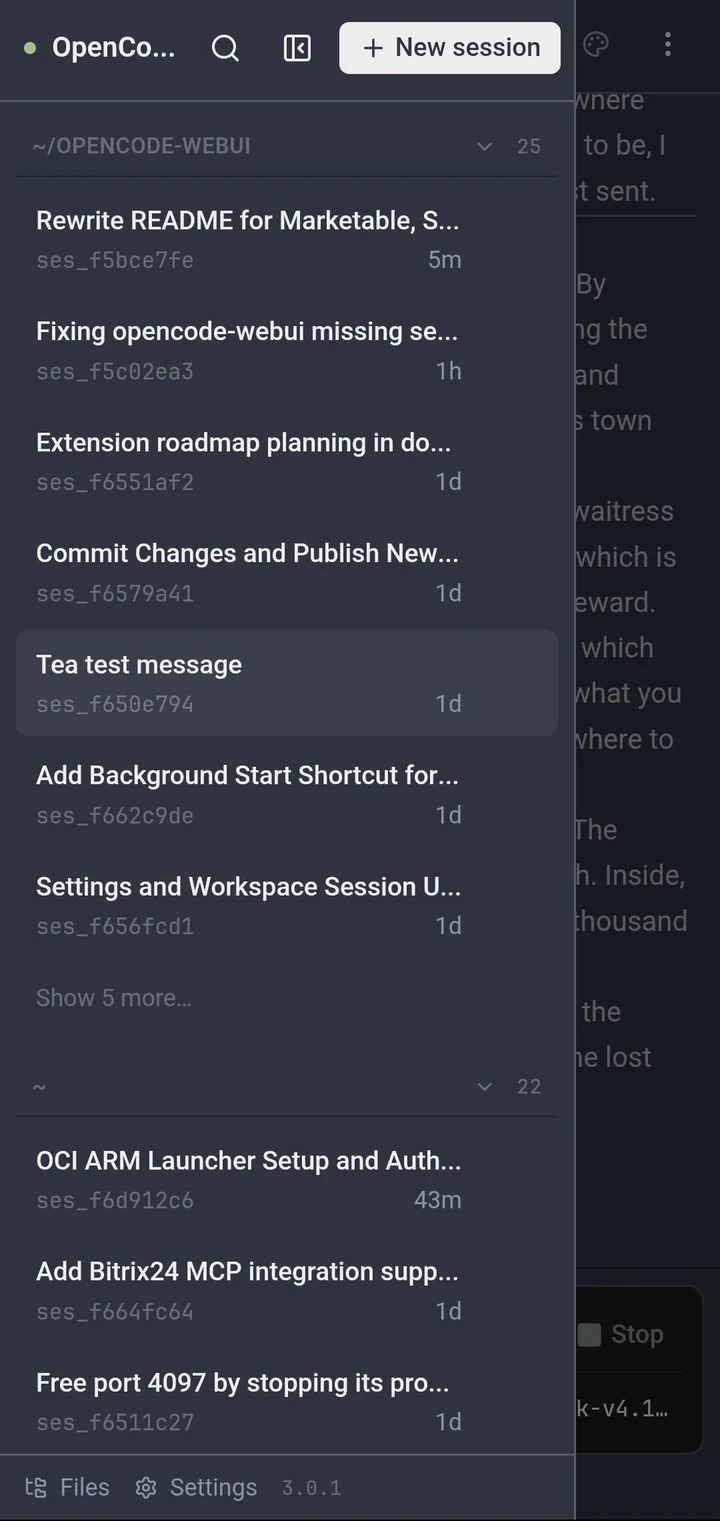 OpenCode WebUI on a phone — the mobile-responsive session view
