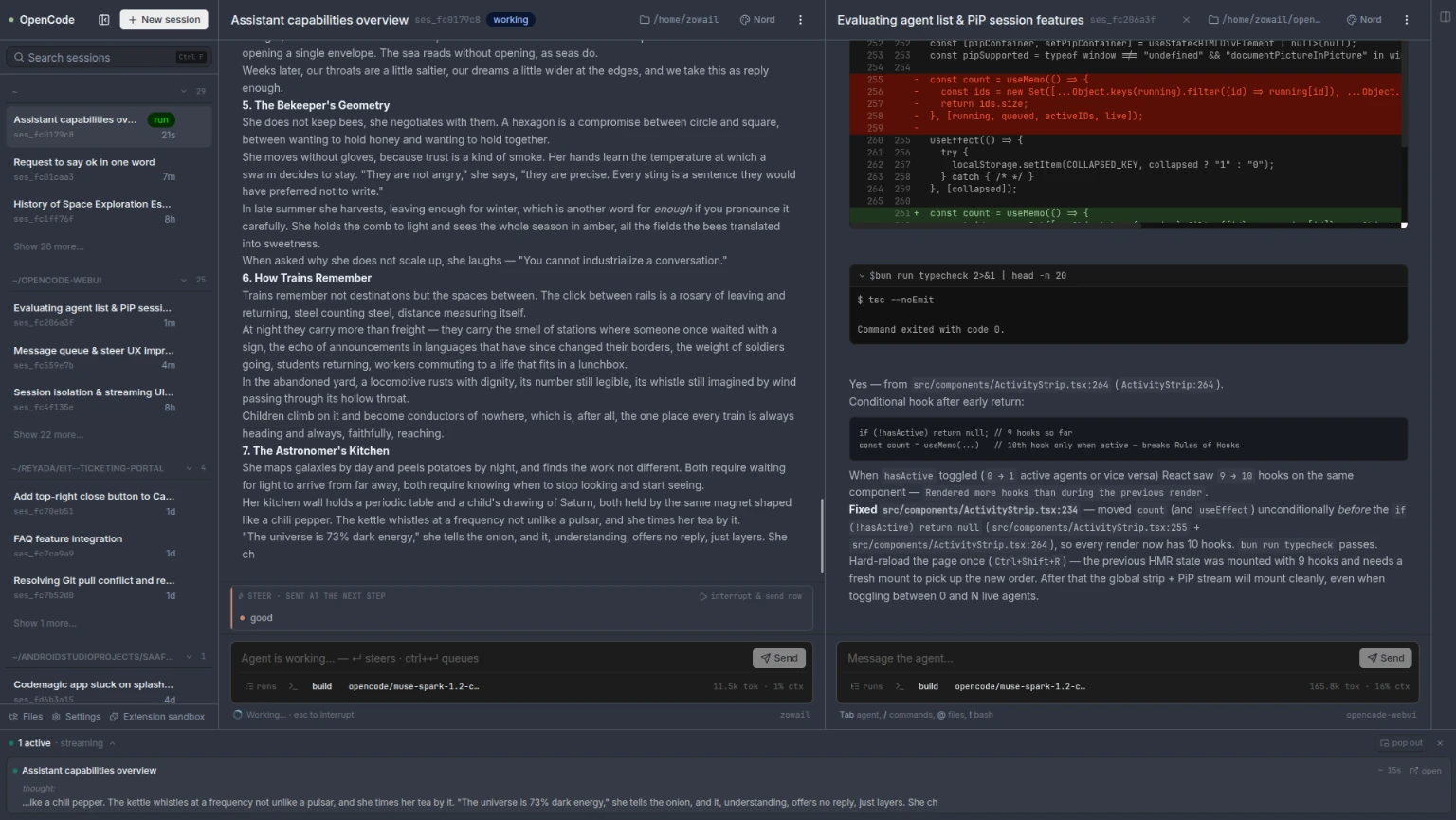 OpenCode WebUI — a self-hosted web interface for the OpenCode AI coding agent, showing a live coding session with streaming output, tool cards, and the session sidebar