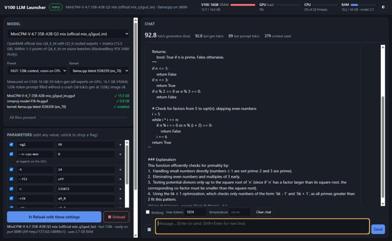 V100-LLM GUI with MiniCPM-V 4.7 loaded, generating at 92.8 tok/s