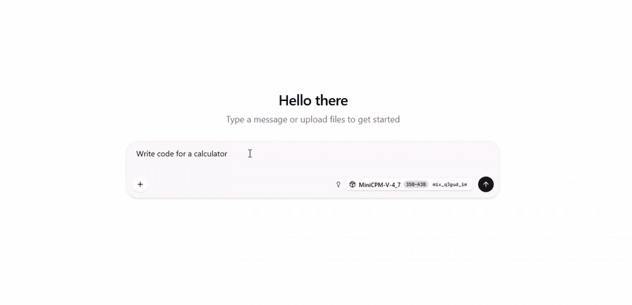 MiniCPM-V 4.7 writing calculator code at ~90 tok/s