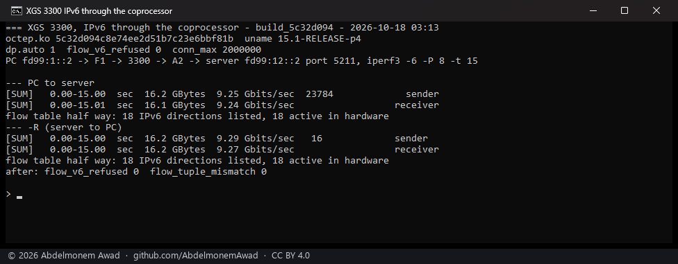 IPv6 through the XGS 3300: 9.24 Gbit/s and 9.27 back, all eighteen directions in hardware
