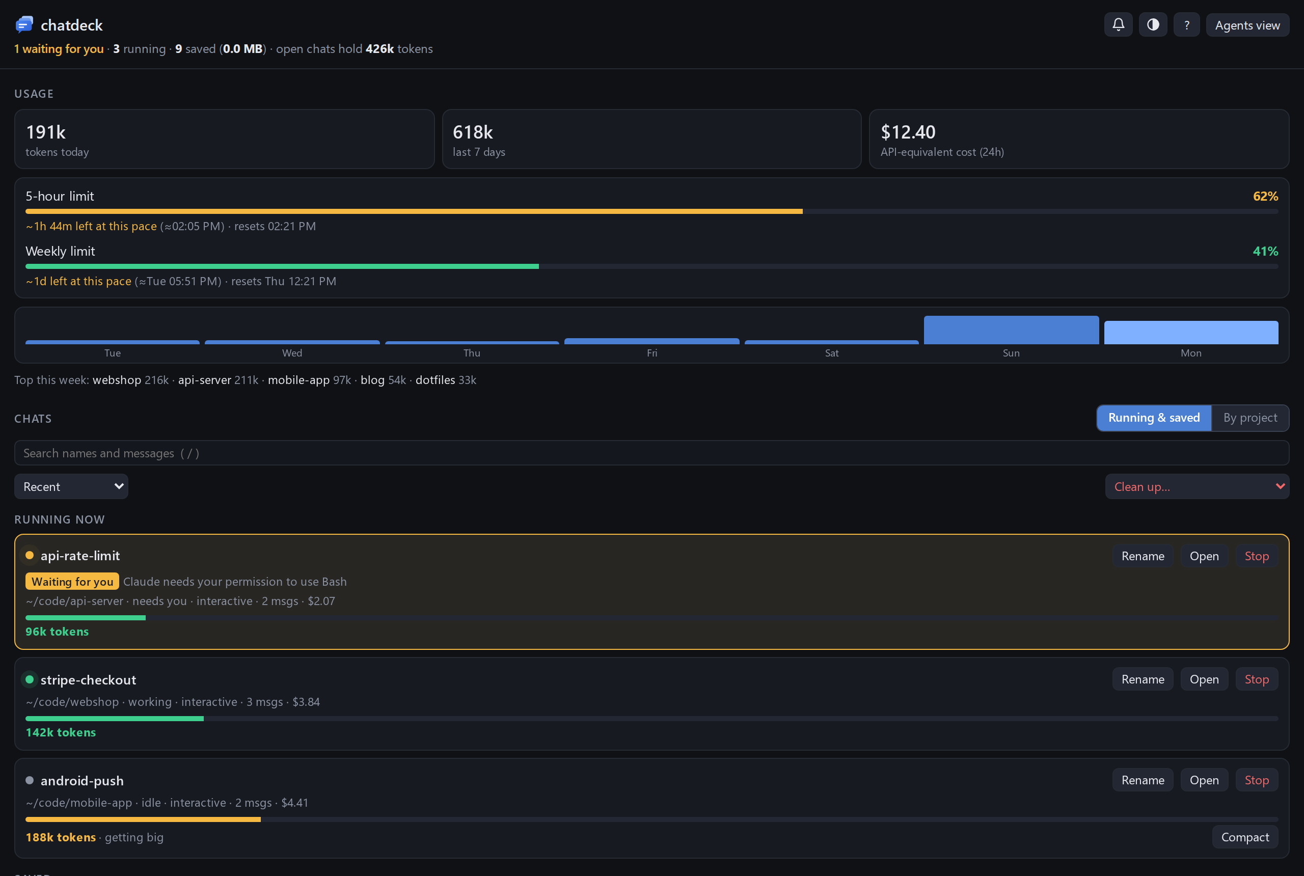 chatdeck showing three running chats, one waiting for permission, plan limits and a week of usage