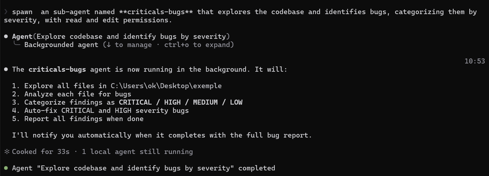 Spawning a named subagent that looks for bugs