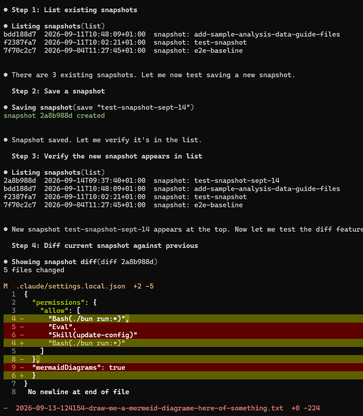 Listing snapshots, saving a new one and diffing it against the previous one