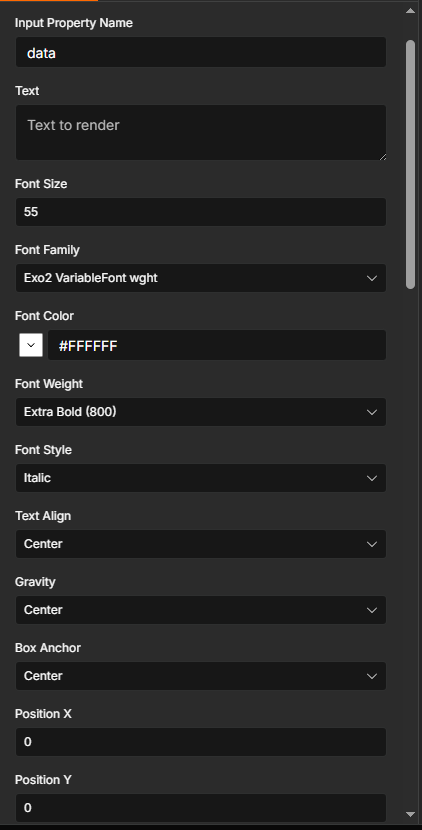 Text operation — font, positioning, and alignment fields