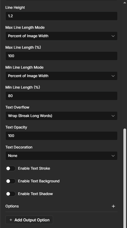 Text operation — wrapping, decoration, and effects fields