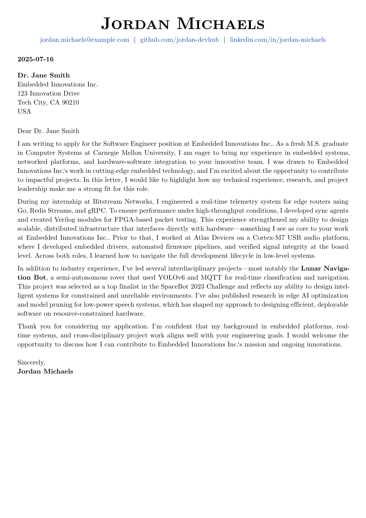 Example Cover Letter