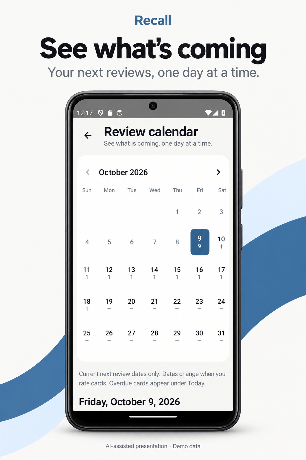 AI-assisted presentation of the real Preview 4 calendar capture with demo next-review counts
