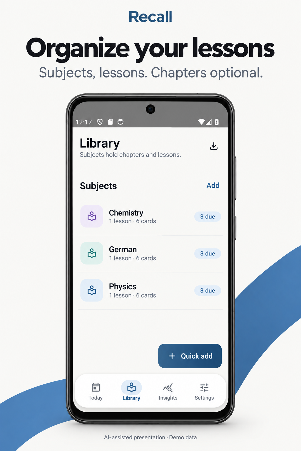 AI-assisted presentation of the real Preview 4 Library capture with demo Chemistry, German and Physics subjects