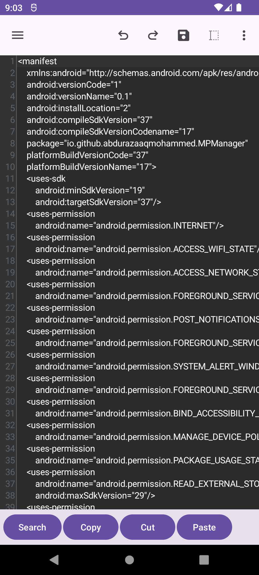 AXML decoded in the editor