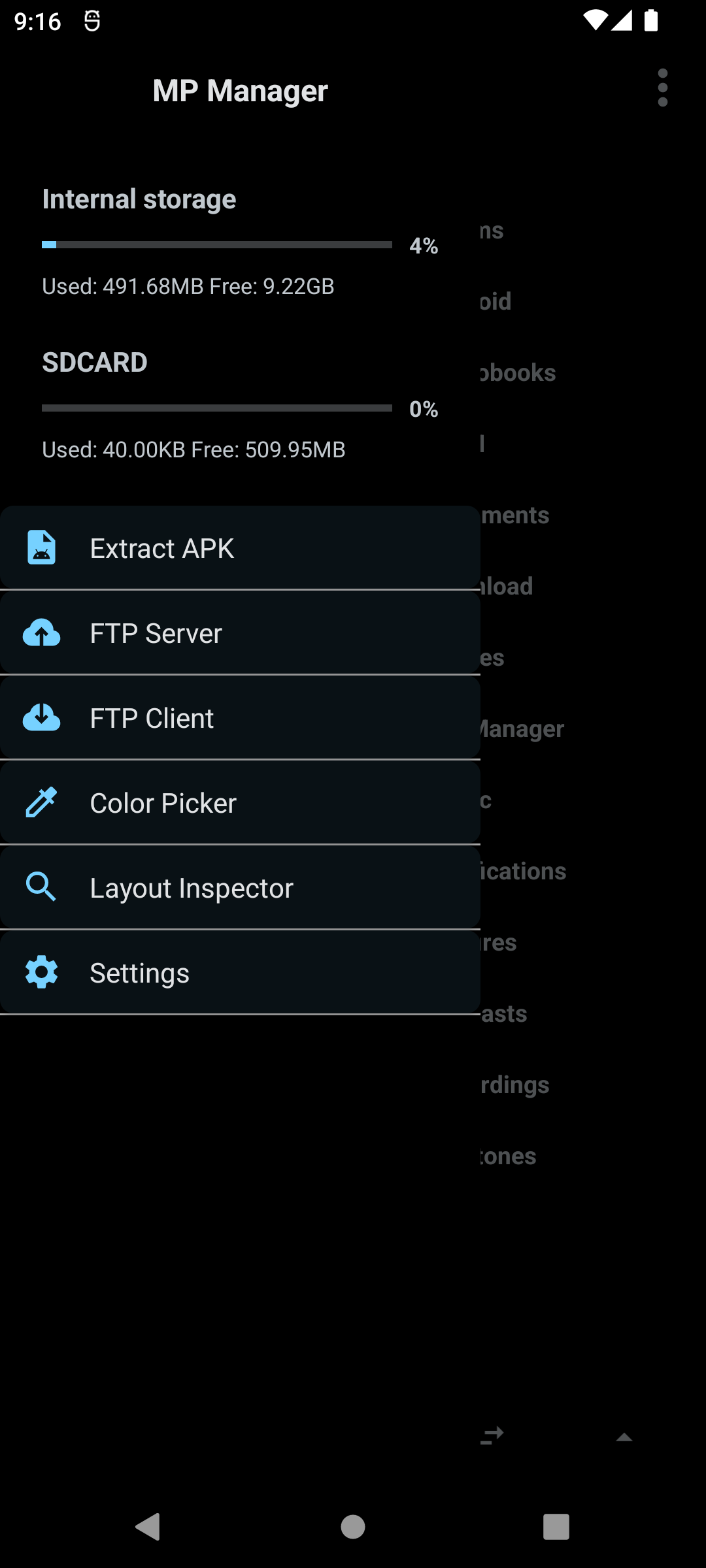 Sidebar with storage info