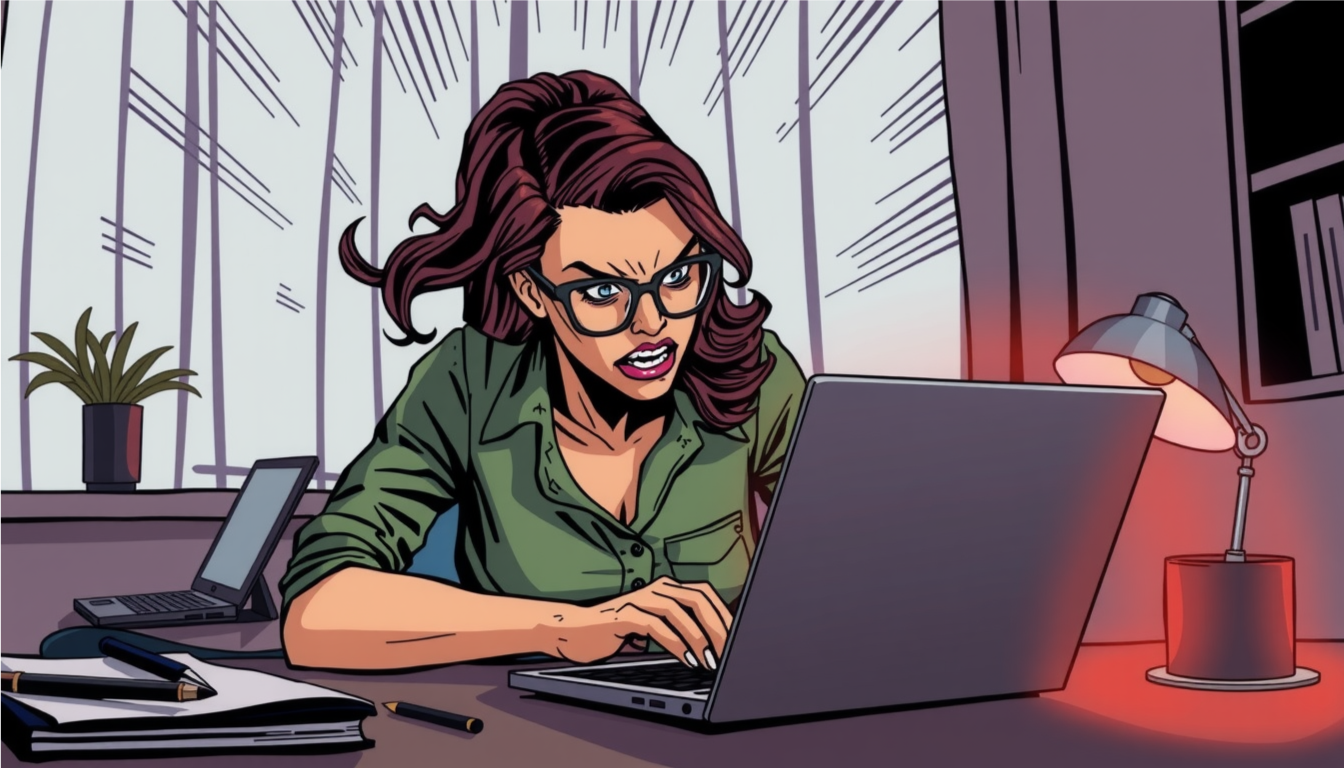 a woman angrily typing