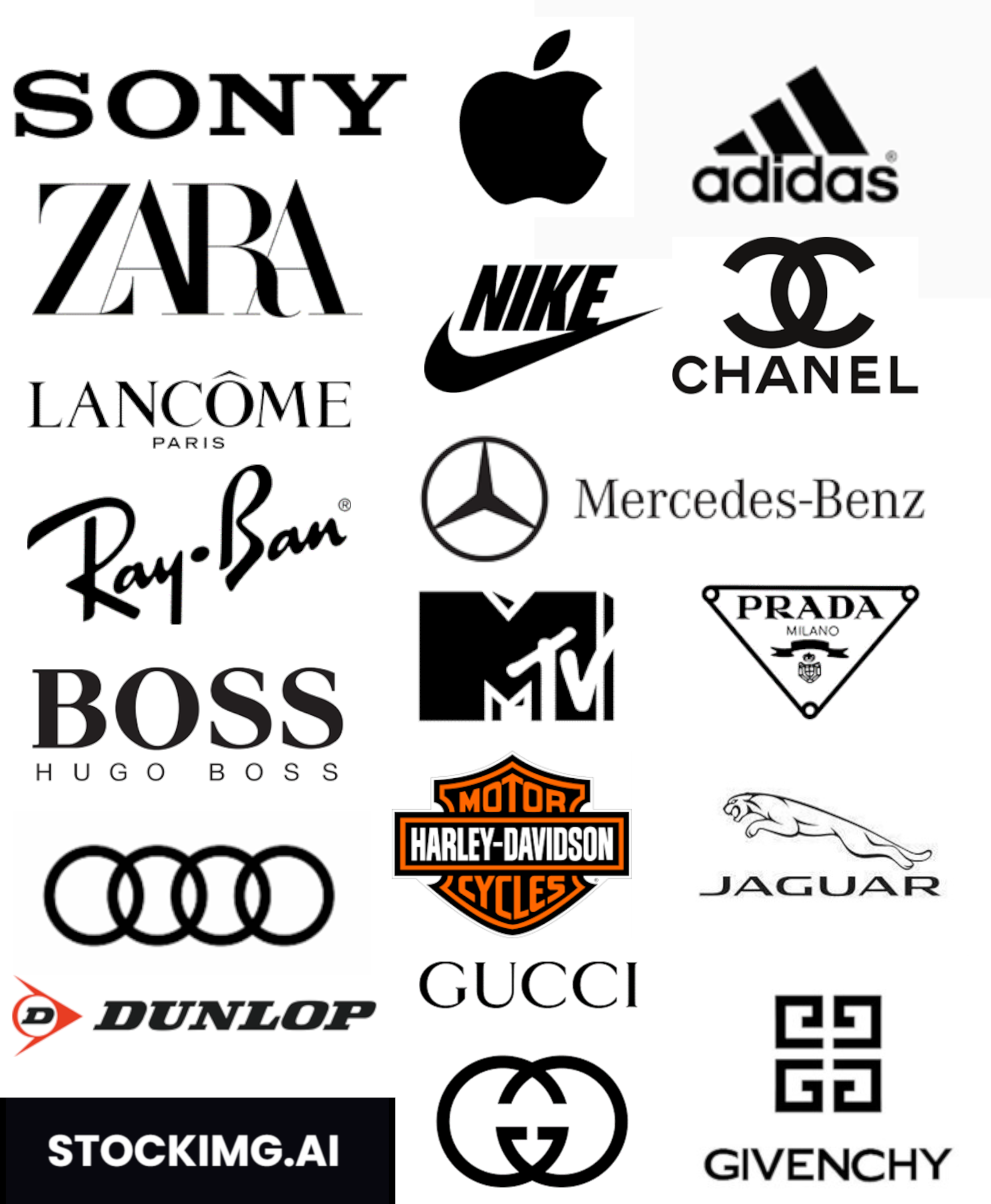 gallery of black logos including, apple, adidas, sony, zara, lancome, nike, gucci, chanel, givenchy, harley davidson, mtv, mercedes benz, jaguae, dunlop, ray-ban, prada, audi, boss, stockimg.ai