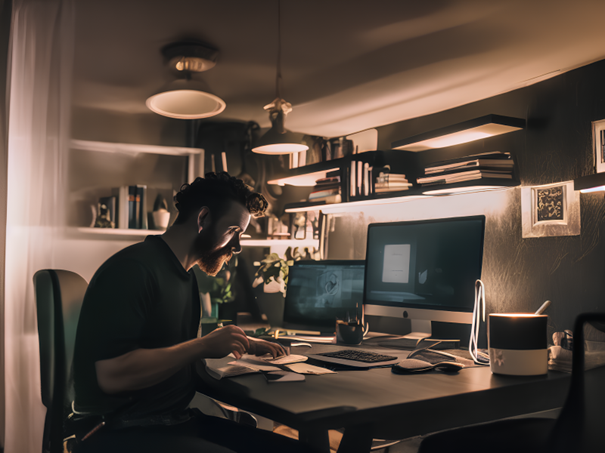 man working on computer, editing content