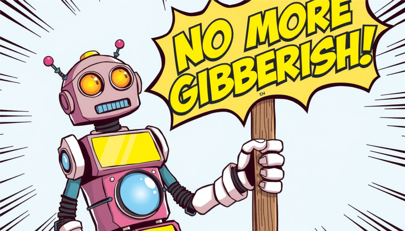 a cute robot holding a sign that says "NO MORE GIBBERISH!"