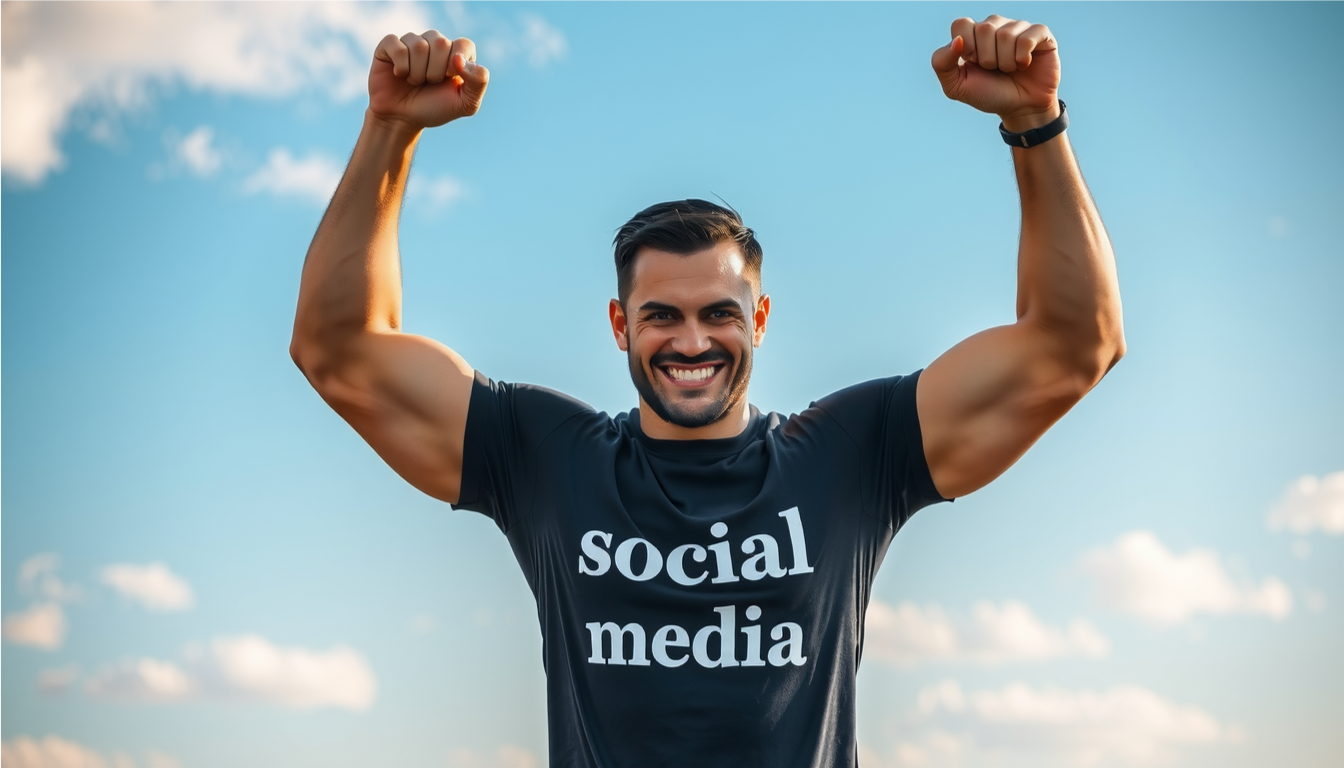 a picture of a man arms crossed, written social media on his tshirt