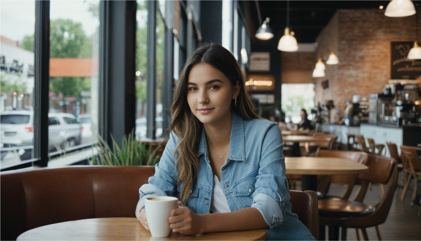 a woman sitting in a cafe