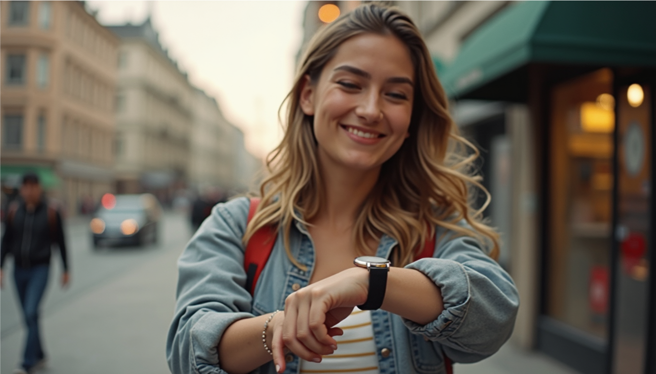 a young woman showing her watch to us, smiling