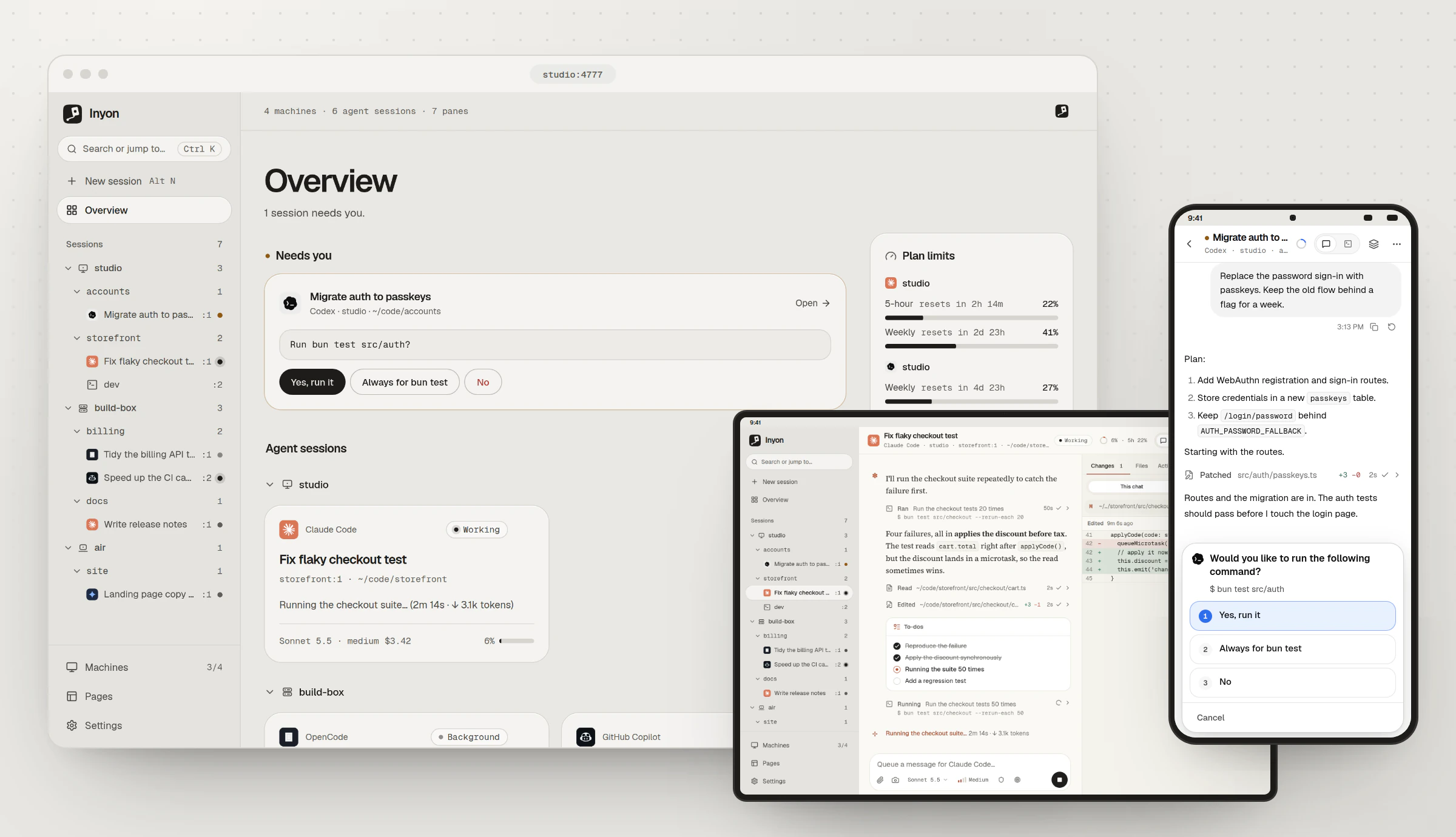 Inyon on a desktop, a tablet and a phone: the overview of every agent session across four machines, a Claude Code session read as a chat, and Codex asking to run the tests