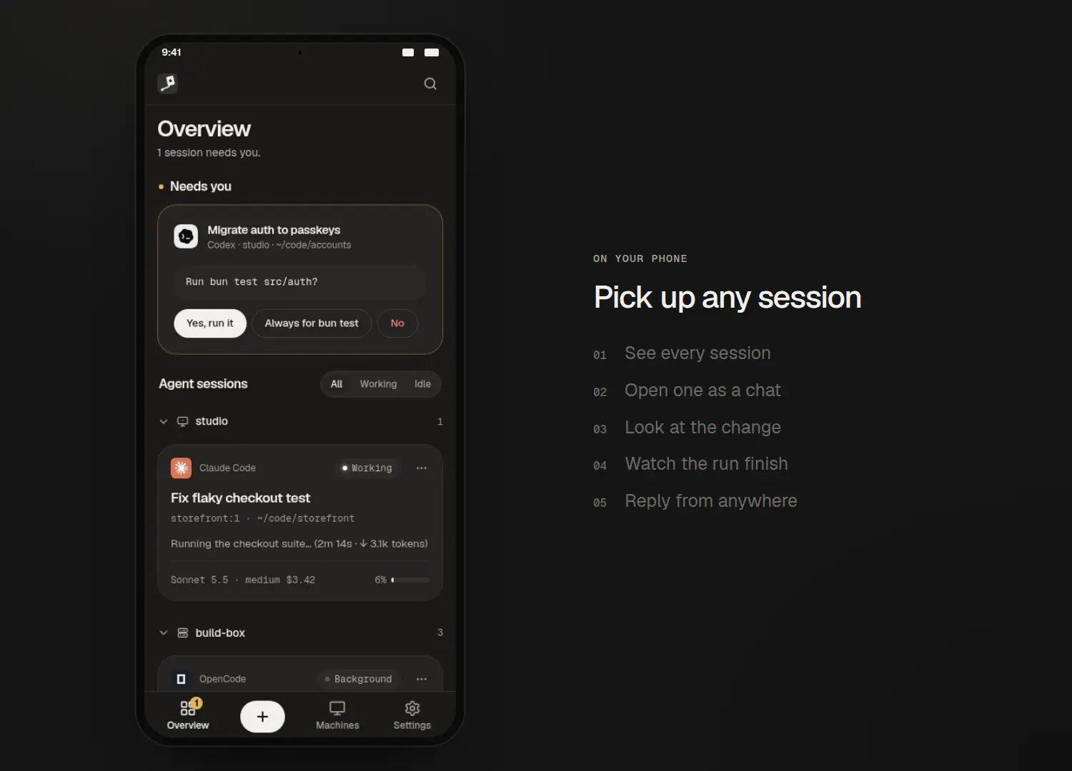 On a phone, the overview scrolls to a Claude Code session fixing a flaky checkout test. Tapping it opens the chat, the edit expands into a diff, the 50-run test suite finishes with no failures, and a reply asking for a regression test is typed and sent.