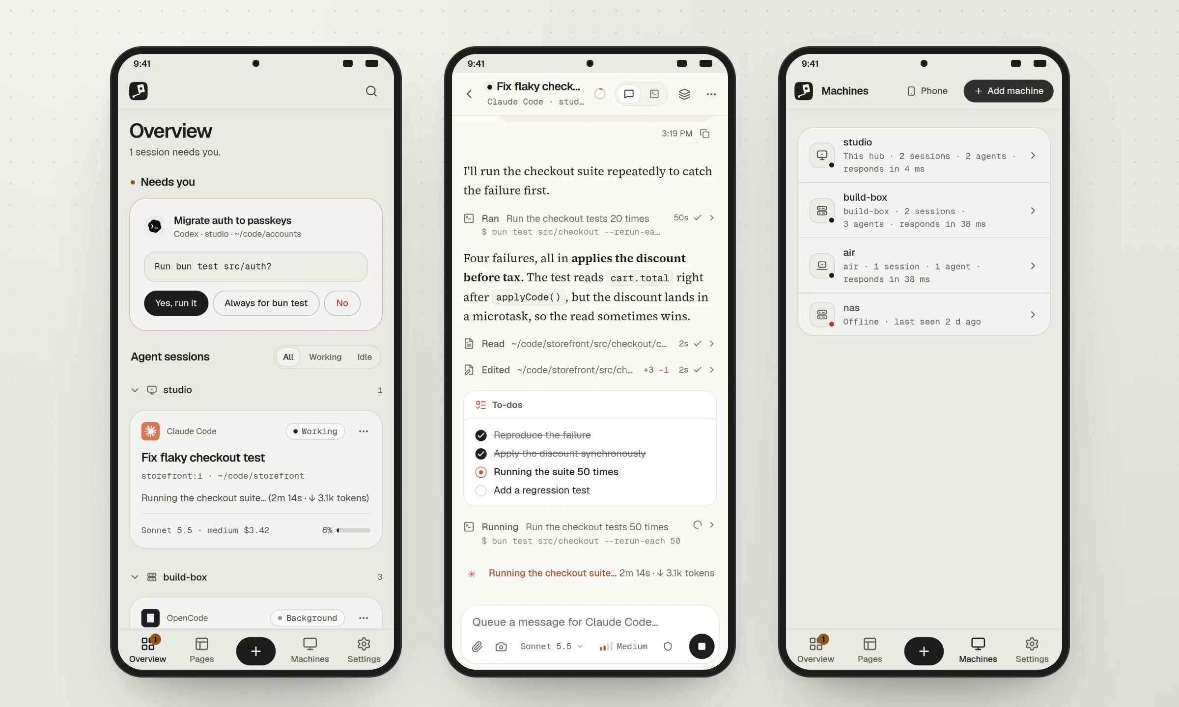 Three phones: the overview with a Codex prompt waiting for an answer, a Claude Code session as a chat with its to-do list, and the Machines page with four machines, one offline