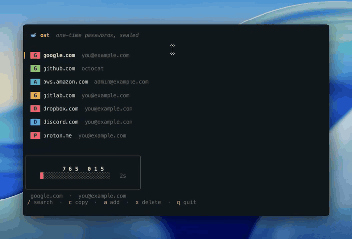 Oat terminal vault listing, copying, and managing encrypted one-time passwords