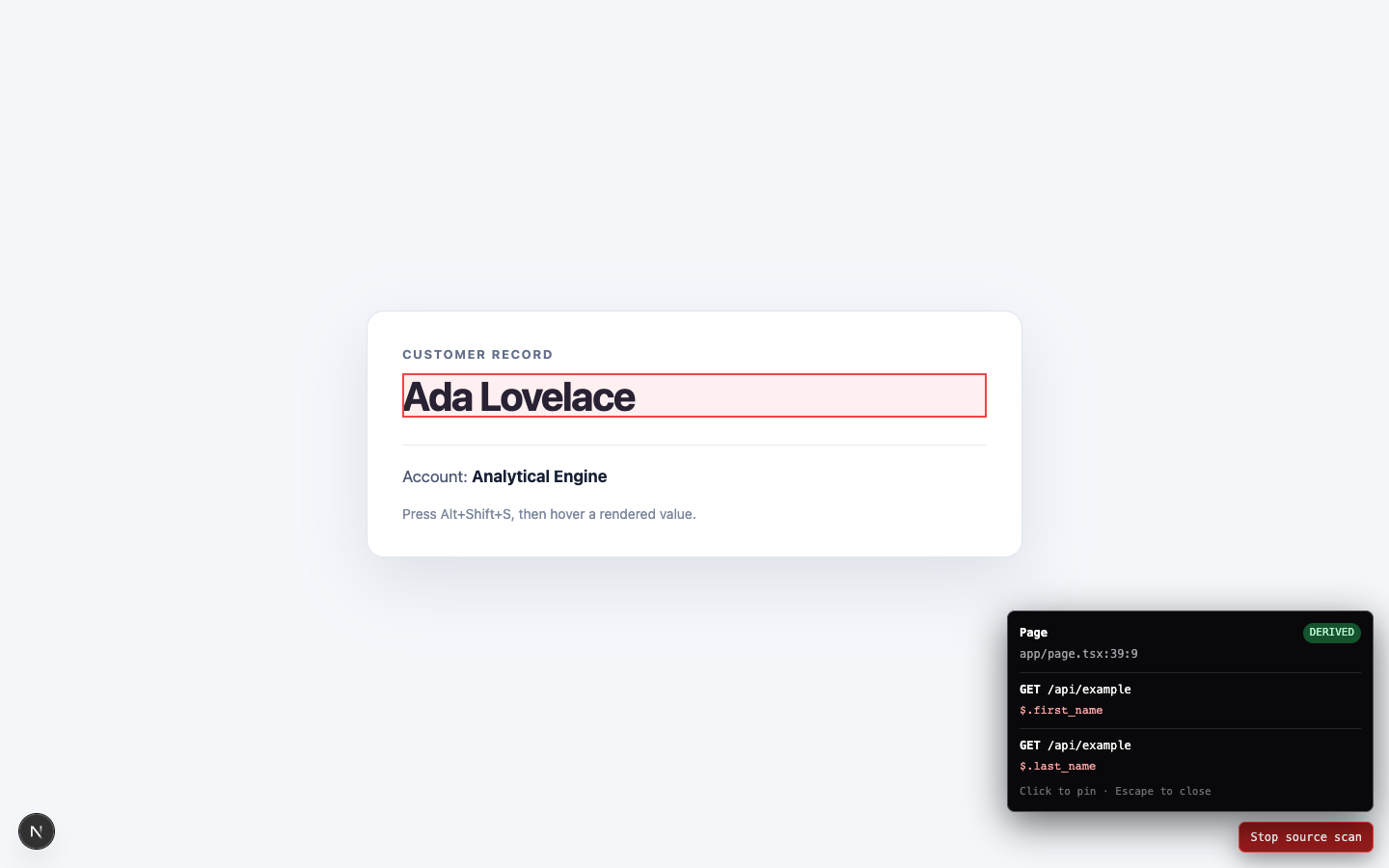 React Source Lineage highlighting a rendered name and showing its API response paths