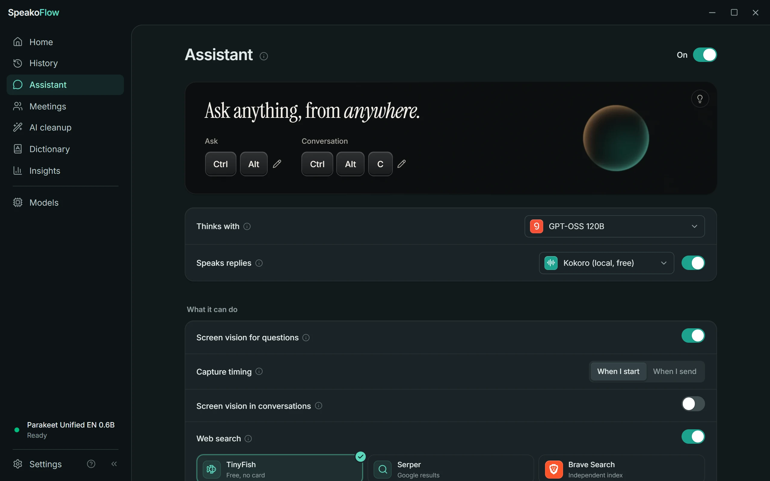 The Assistant page: the ask and conversation shortcuts, the model it thinks with, its voice, and switches for screen vision and web search