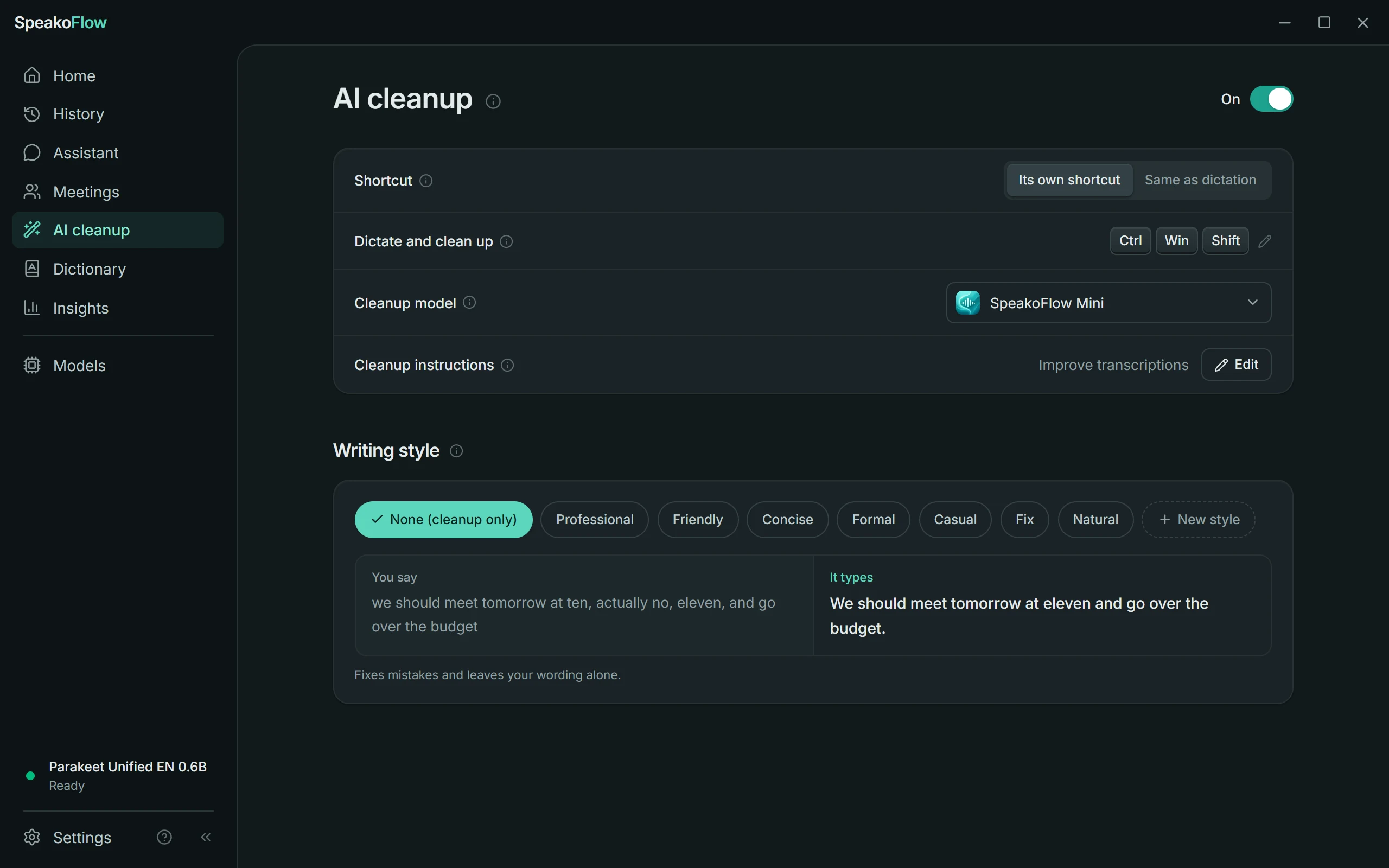 The AI cleanup page: its shortcut, SpeakoFlow Mini as the cleanup model, and writing styles with a before-and-after example
