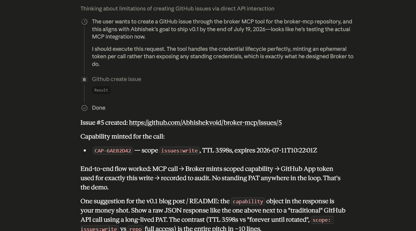 Claude Desktop calling the tool and returning the issue URL and capability