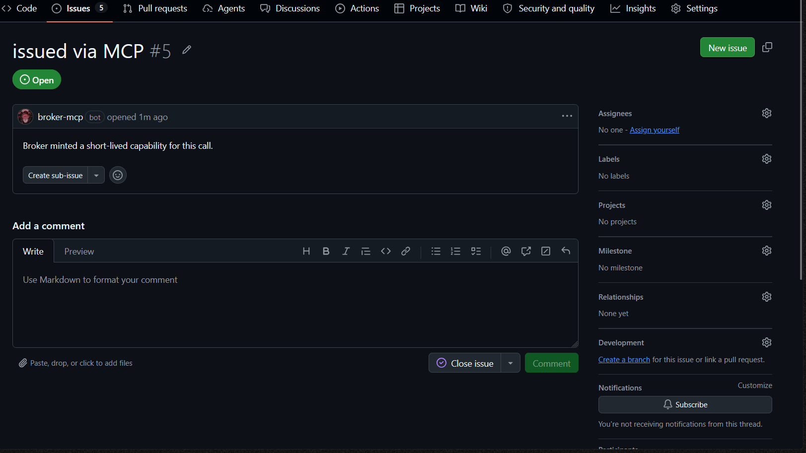 GitHub issue "issued via MCP" opened by broker-mcp[bot]