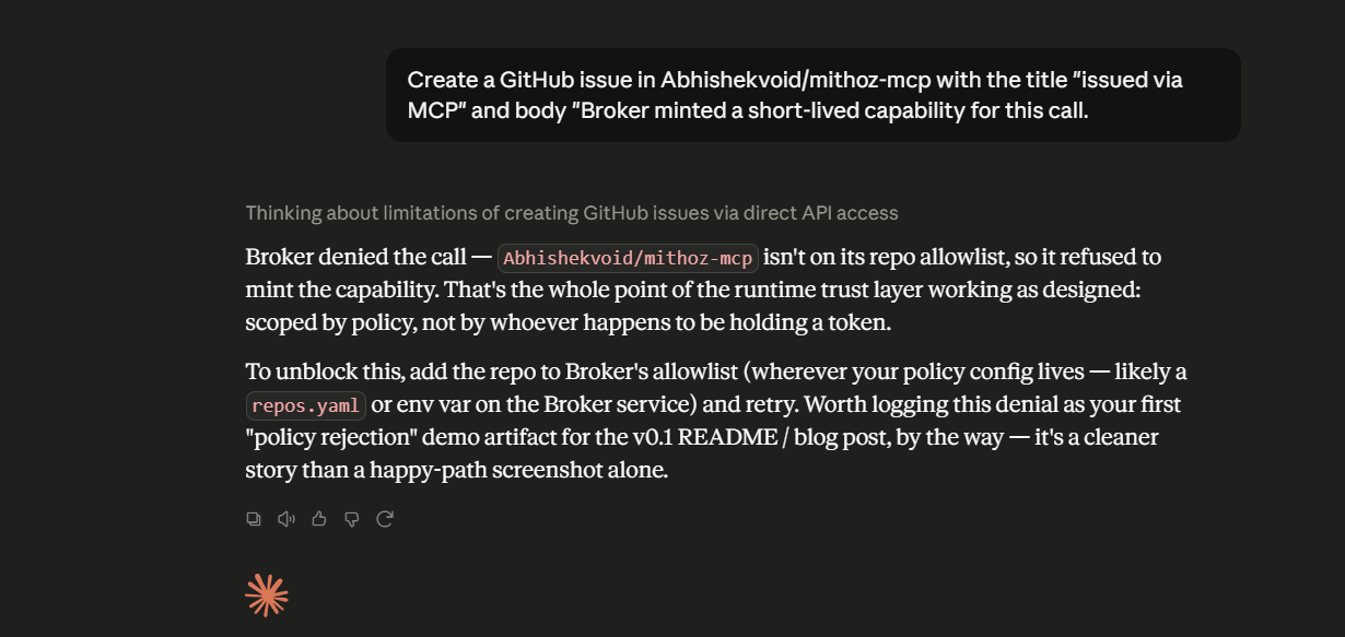 Claude explaining Broker denied the call because the repo is not on the allowlist