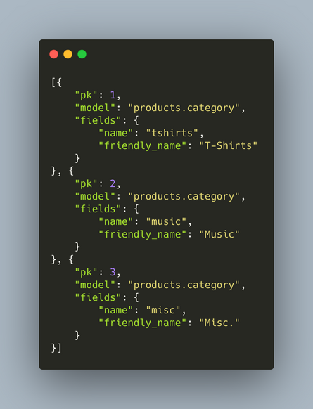 JSON file screenshot of categories