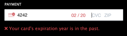 Stripe's card information form, with a validation error showing