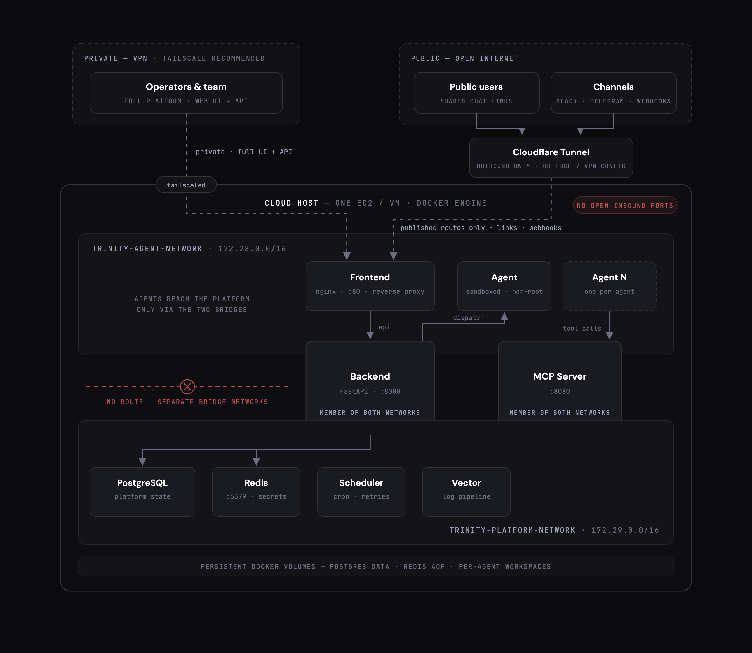 Trinity deployment topology — one host, two isolated Docker networks, VPN-private access, tunnel-published public endpoints