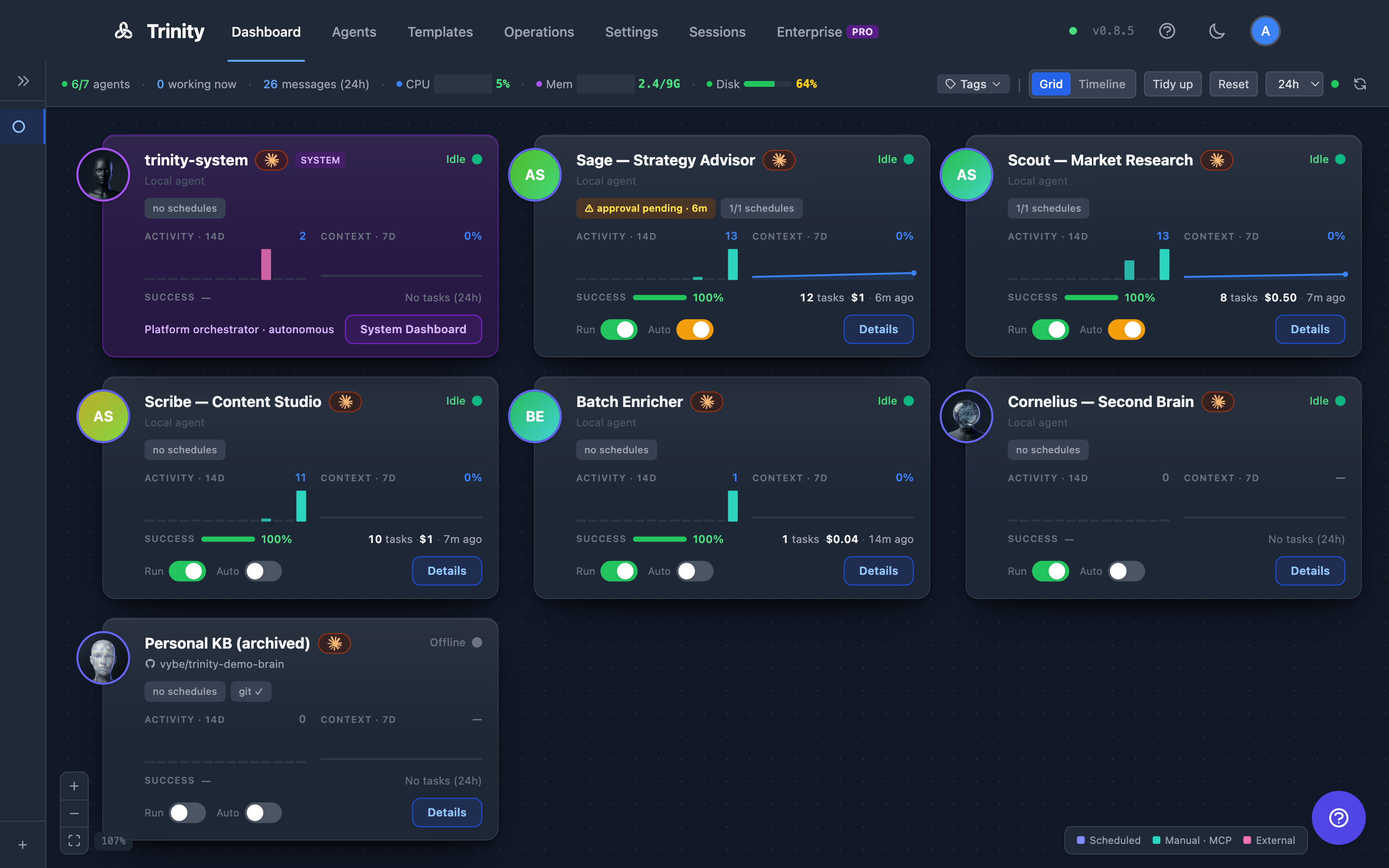 Grid view — the fleet as a canvas of agent tiles