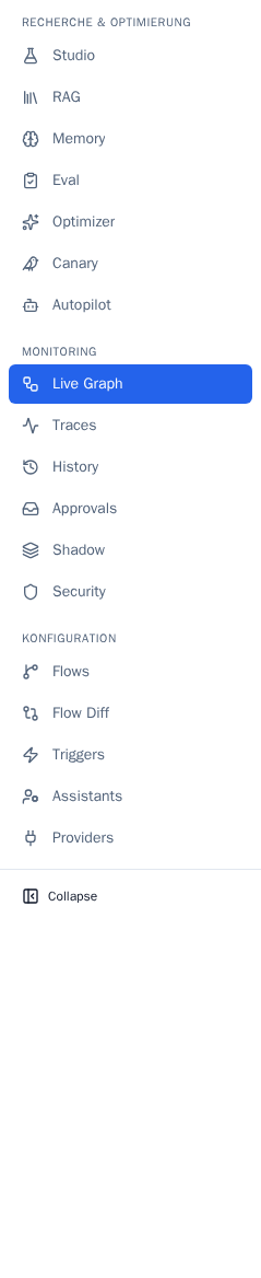 ATF Control desktop navigation showing Studio, RAG, evaluation, live graph, traces, approvals, security, flows, assistants, and providers
