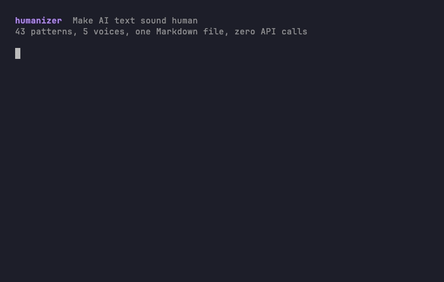 Terminal demo: pasted AI text scores 84/100 (Pure AI smell), gets rewritten with --voice technical --aggressive --iterate 2, converges in 2 iterations, final score 8/100 (Pristine)