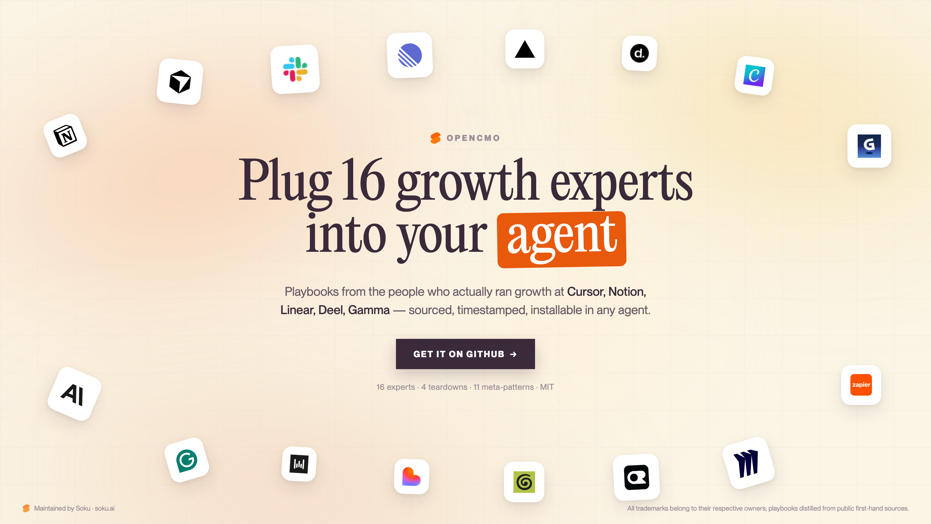 OpenCMO — growth playbooks from 16 experts, installable in your AI agent