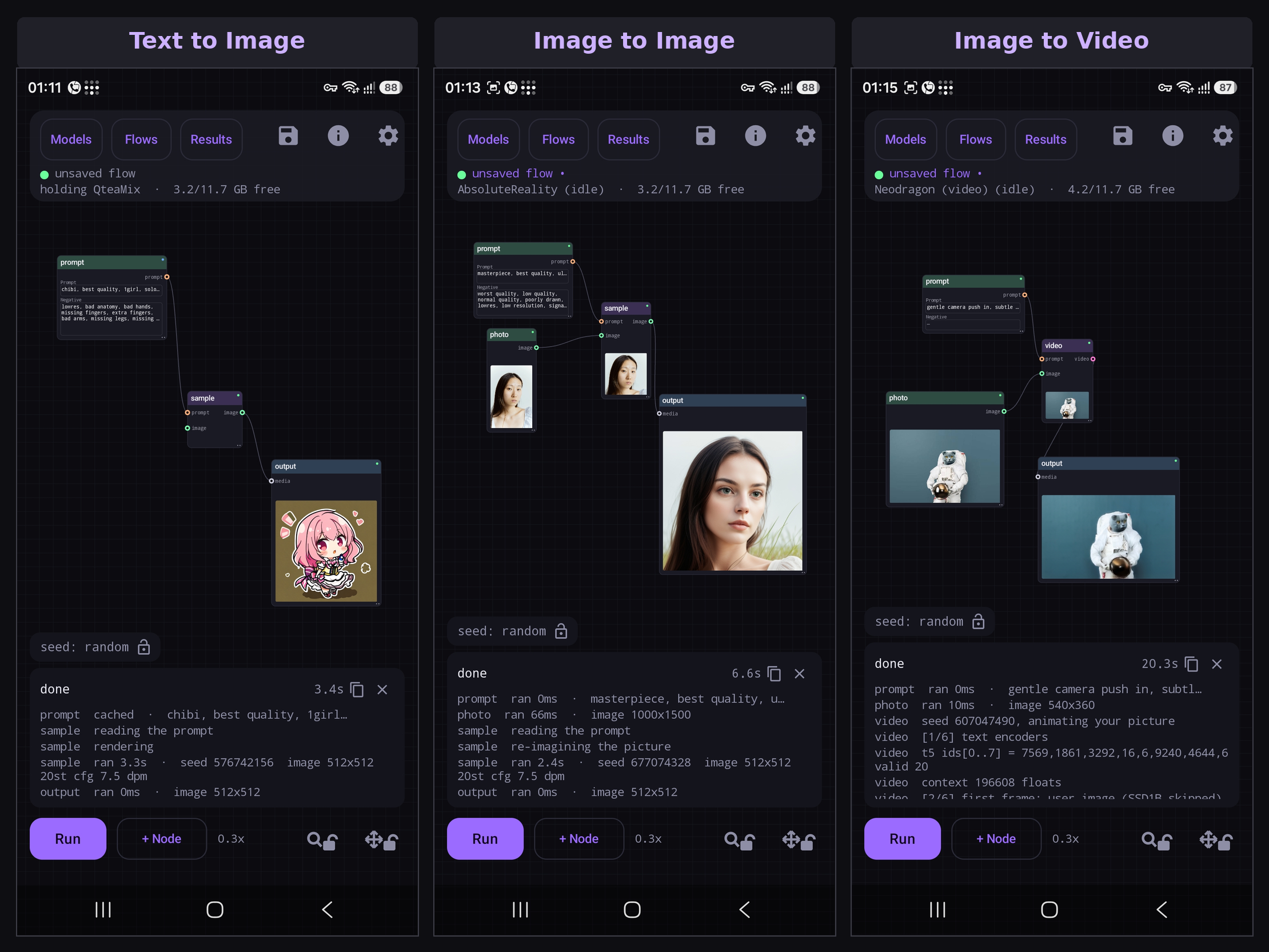 Text to image, image to image and image to video, each as a node graph on an Android phone