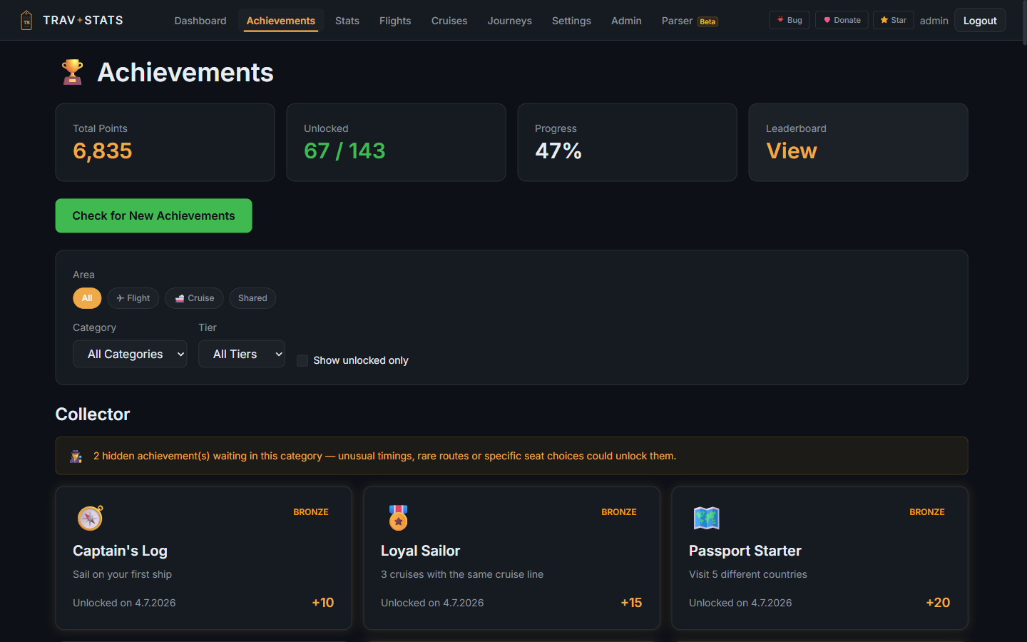 Achievements gallery with 143 unlockables across flights, cruises and cross-domain