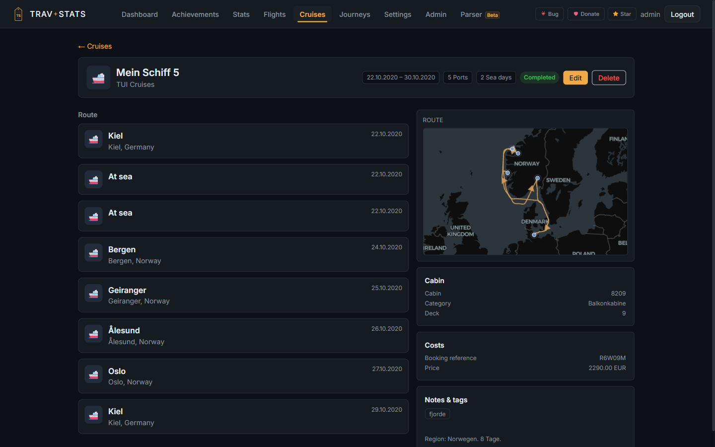 Cruise detail: a Norwegian-fjords itinerary with port timeline and sea-route map