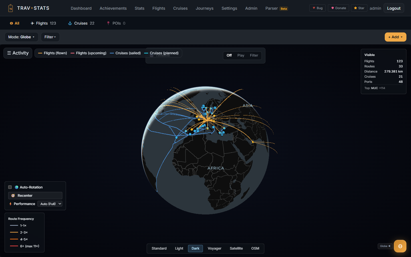 Interactive 3D globe with flights and cruises radiating from a Munich hub across Europe, Asia and the Atlantic