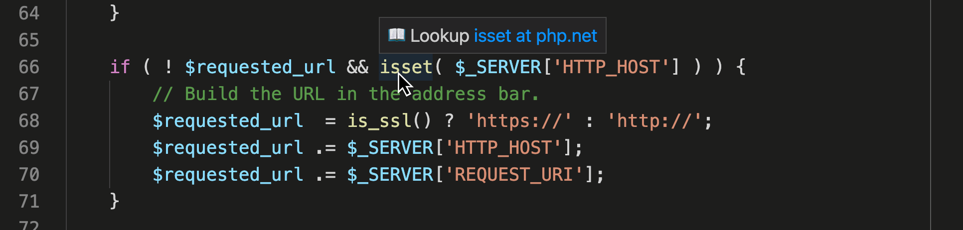 Screenshot 1: Example PHP Code, where the language construct 'isset()' is under the cursor.