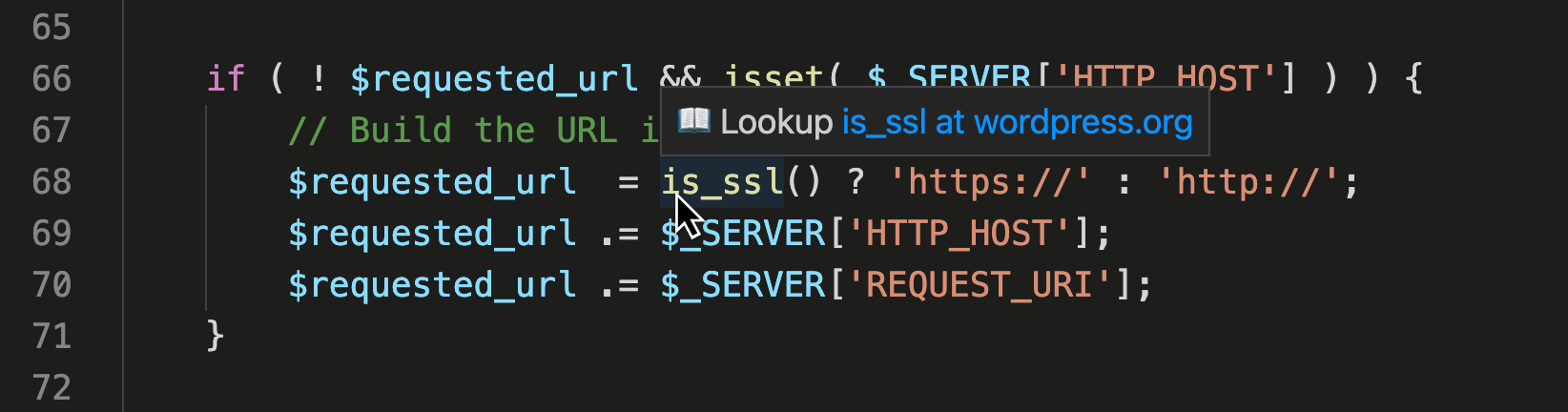 Screenshot 2: WordPress PHP Code, where the function 'is_ssl()' is under the cursor. Help ist then provided in a layer, which floats above the function name.