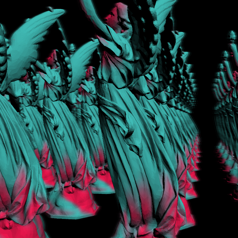 Instanced glb model of Lucy textured and with depth of field