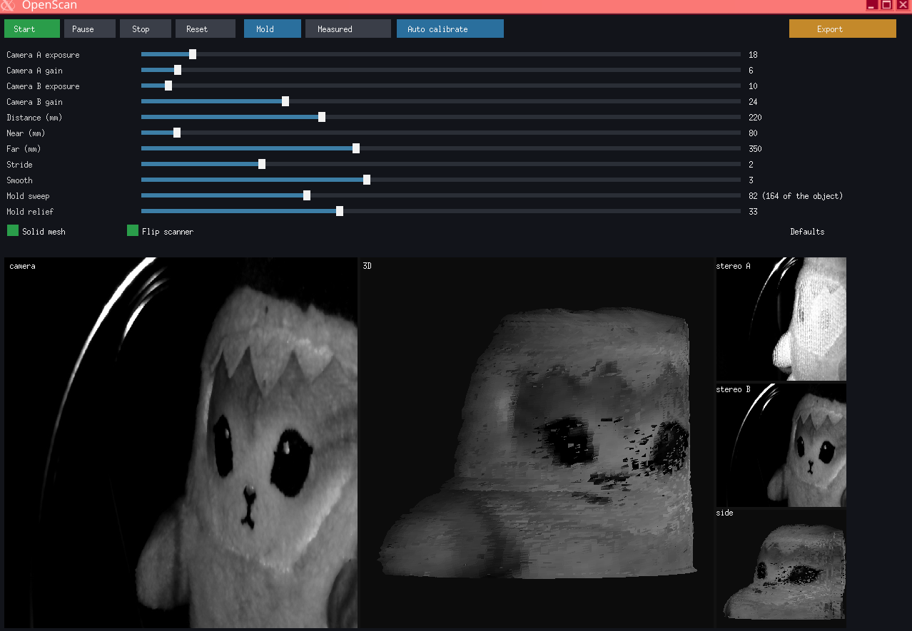OpenScan, mold of a small plush: camera, 3D view, and the side cameras