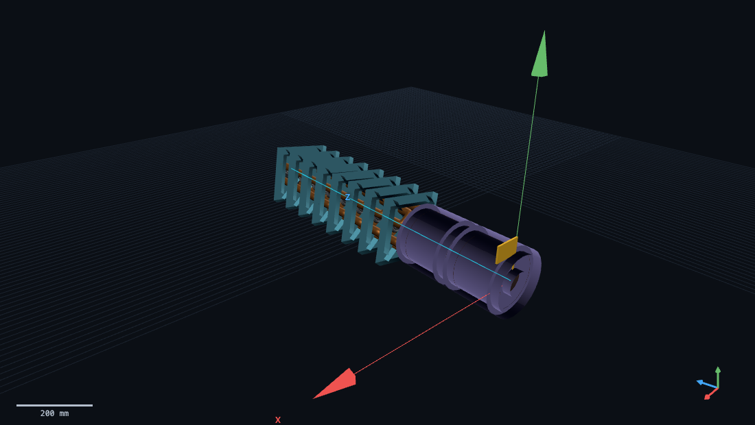 a DTL section: tanks with drift tubes, quadrupoles and solenoids